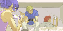 Rule 34 | 00s, 3boys, bad id, bad pixiv id, game, glasses, handheld game console, luca angeloni, macross, macross frontier, male focus, mihara (081mhrs), mikhail buran, multiple boys, playing games, playstation portable, saotome alto