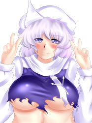 Rule 34 | 1girl, bad id, bad pixiv id, blue eyes, blush, breasts, double v, embarrassed, female focus, highres, large breasts, letty whiterock, light purple hair, looking at viewer, meganemausu, no bra, short hair, snowflakes, solo, symbol-shaped pupils, torn clothes, touhou, underboob, v