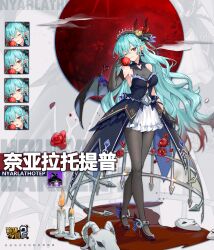 Rule 34 | 1girl, animal skull, aqua hair, arm up, bare shoulders, benghuai xueyuan, black dress, black pantyhose, breasts, candle, character name, cleavage, copyright name, dress, earrings, elbow gloves, expressions, flower, full body, gloves, hair between eyes, hair ornament, high heels, highres, holding, honkai (series), jewelry, logo, long hair, mask, medium breasts, moon, nyarlathotep (benghuai xueyuan), official art, one eye closed, pantyhose, pointy ears, red eyes, red flower, red moon, second-party source, smile, solo, tiara