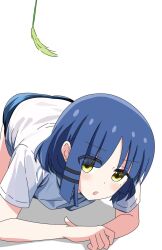 Rule 34 | 1girl, :o, all fours, black shorts, blue hair, bocchi the rock!, commentary request, earrings, hair ornament, hairclip, highres, jewelry, kusana (kusana47454281), light blush, looking at viewer, mole, mole under eye, open mouth, shirt, short hair, short sleeves, shorts, simple background, single sidelock, solo, stud earrings, t-shirt, white background, white shirt, yamada ryo, yellow eyes