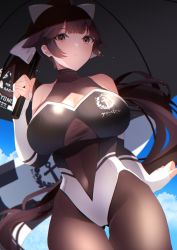 Rule 34 | 1girl, absurdres, azur lane, bare shoulders, black bodysuit, black hair, blue sky, blunt bangs, bodysuit, bow, breasts, brown eyes, checkered flag, cleavage, closed mouth, cloud, commentary request, covered navel, fingerless gloves, flag, from below, gloves, hair flaps, hair ornament, hair ribbon, highres, holding, holding umbrella, large breasts, leotard, long hair, looking down, multicolored leotard, navel, outdoors, pantyhose, race queen, ribbon, shiny clothes, skin tight, sky, takao (azur lane), takao (full throttle charmer) (azur lane), two-tone leotard, umbrella, white bow, white gloves, yamaha tsui