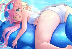 Rule 34 | 1girl, absurdres, ahoge, ass, bikini, blue archive, blue eyes, blue sky, blush, cloud, day, eyewear on head, fang, frilled bikini, frills, goggles, goggles on head, hair between eyes, hair bobbles, hair ornament, halo, heterochromia, highres, hoshino (blue archive), hoshino (swimsuit) (blue archive), inflatable toy, inflatable whale, innertube, long hair, looking at viewer, low twintails, lying, nomio, on stomach, open mouth, outdoors, pink hair, skin fang, sky, smile, solo, sunglasses, swim ring, swimsuit, tinted eyewear, twintails, water, wet, white bikini, yellow eyes