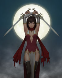 Rule 34 | 1girl, arms up, bare shoulders, black thighhighs, breasts, bridal gauntlets, brown eyes, center opening, dress, dual wielding, female focus, full moon, glowing, highres, holding, jewelry, lips, moon, necklace, night, original, red eyes, scarf, short hair, small breasts, solo, standing, sword, thighhighs, weapon, yoshikawa hazure