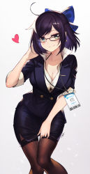 Rule 34 | 1girl, a-chan (hololive), absurdres, ahoge, alternate breast size, artist name, badge, barcode, between legs, black-framed eyewear, black jacket, black skirt, black thighhighs, blazer, blue bow, blue eyes, blush, bow, breasts, buttons, character name, cleavage, closed mouth, collarbone, collared shirt, commentary request, copyright name, dress shirt, earrings, eyebrows hidden by hair, feet out of frame, fishnet thighhighs, fishnets, formal, glasses, gradient background, green eyes, grey background, hair bow, half updo, hand between legs, hand in own hair, hand up, heart, highres, hololive, jacket, jewelry, jun wei, knees together feet apart, lanyard, large breasts, looking at viewer, medium hair, office lady, pencil skirt, popped collar, purple hair, shirt, shirt tucked in, short sleeves, sidelocks, skirt, skirt hold, skirt suit, smile, solo, spaghetti strap, standing, suit, swept bangs, taut clothes, taut shirt, thigh gap, thighhighs, thighs, tie clip, virtual youtuber, white shirt