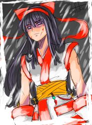 Rule 34 | 1girl, absurdres, ainu clothes, artist name, blood, blood on face, breasts, gloves, hair ribbon, highres, legs, long hair, nakoruru, purple eyes, purple hair, ribbon, samurai spirits, serious, shaded face, small breasts, snk, solo, the king of fighters, thighs, weapon