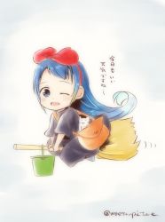 Rule 34 | 1girl, alternate costume, artist name, bag, black dress, blue eyes, blue hair, bow, broom, broom riding, bucket, cat, chibi, commentary request, cosplay, dress, gradient hair, hair bow, highres, kantai collection, kiki (majo no takkyuubin), kiki (majo no takkyuubin) (cosplay), long hair, looking at viewer, mae (maesanpicture), majo no takkyuubin, multicolored hair, one eye closed, open mouth, samidare (kancolle), shoulder bag, simple background, solo, swept bangs, translation request, very long hair