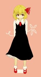 Rule 34 | 1girl, arms behind back, bad id, bad twitter id, doroame (ameyu), dress, frilled dress, frills, hair ribbon, pink background, red eyes, ribbon, rumia, shirt, short hair, simple background, smile, solo, touhou, waifu2x, wing collar