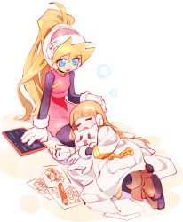 Rule 34 | 2girls, alouette (mega man), android, bad id, bad twitter id, blonde hair, blue eyes, blunt bangs, blush, brown footwear, capcom, cat, child, child&#039;s drawing, ciel (mega man), closed eyes, drawing, full body, gloves, hand on another&#039;s head, headgear, helmet, high ponytail, holding, kon (kin219), lap pillow, long hair, mega man (series), mega man zero (series), multiple girls, open mouth, pantyhose, paper, pencil, pink skirt, ponytail, robot ears, simple background, skirt, sleeping, smile, very long hair, white background, white gloves