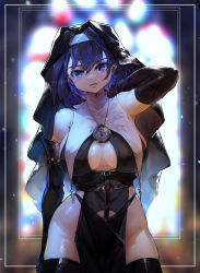 Rule 34 | 1girl, absurdres, blue eyes, blue hair, breasts, cleavage cutout, clock, clothing cutout, dress, elbow gloves, gloves, habit, hair intakes, highres, hololive, hololive english, large breasts, looking at viewer, nun, ouro kronii, pelvic curtain, short hair, solo, stained glass, thighhighs, thighs, virtual youtuber, vyragami
