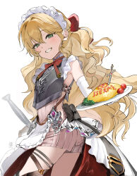 Rule 34 | 1girl, apron, armor, blonde hair, breastplate, dohyo123123, dress, elbow gloves, food, gloves, green eyes, highres, holding, holding plate, long hair, looking at viewer, maid, maid headdress, omelet, omurice, original, plate, red ribbon, ribbon, simple background, solo, standing, sword, teeth, weapon, white background, white gloves