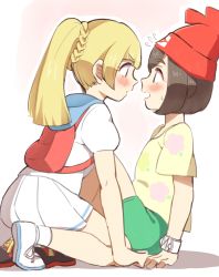 Rule 34 | 2girls, beanie, blonde hair, blush, braid, brown hair, commentary request, creatures (company), deathroling, eye contact, flying sweatdrops, game freak, green shorts, hat, highres, lillie (pokemon), looking at another, multiple girls, nintendo, open mouth, pleated skirt, pokemon, pokemon sm, ponytail, red headwear, selene (pokemon), shirt, shoes, short sleeves, shorts, skirt, socks, sweatdrop, white footwear, white legwear, white skirt, yellow shirt