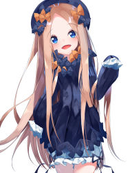 Rule 34 | 1girl, :d, abigail williams (fate), black bow, black dress, black hat, blonde hair, bloomers, blue eyes, blush, bow, bug, butterfly, commentary request, cowboy shot, dress, fate/grand order, fate (series), forehead, hair bow, hand up, hat, head tilt, highres, insect, long hair, long sleeves, looking at viewer, open mouth, orange bow, parted bangs, polka dot, polka dot bow, simple background, sleeves past fingers, sleeves past wrists, smile, solo, suisen-21, underwear, very long hair, white background, white bloomers