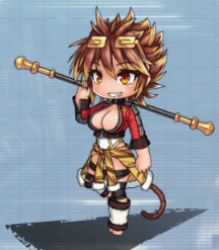 Rule 34 | 1girl, animated, animated gif, blush, breasts, brown hair, chibi, cleavage, curvy, full body, grin, holding, holding weapon, jumping, large breasts, leotard, lilith-soft, looking to the side, lowres, medium hair, monkey girl, monkey tail, orange eyes, polearm, shiny skin, simple background, smile, solo, spiked hair, standing, standing on one leg, sun wuyan, tail, taimanin (series), taimanin rpgx, weapon, white leotard, wide hips