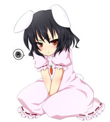 Rule 34 | 1girl, :t, angry, animal ears, annoyed, black hair, blush, carrot, dress, female focus, highres, inaba tewi, jewelry, pendant, pink dress, pout, rabbit ears, rabbit girl, rabbit tail, red eyes, short hair, simple background, sitting, solo, squiggle, tail, touhou, v arms, yami nabe