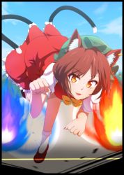 Rule 34 | 1girl, animal ears, black border, blue sky, border, brown eyes, brown hair, cat ears, cat tail, chen, day, dress, fang, hat, highres, mob cap, multiple tails, nekomata, open mouth, paw pose, red dress, sky, solo, tail, touhou, two tails, yocchi (tenyunkel)