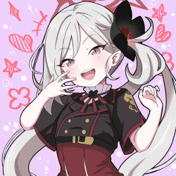 Rule 34 | 1girl, black shirt, blue archive, blush, daiichi (1279220), grey hair, halo, heart, highres, long hair, mutsuki (blue archive), open mouth, pink eyes, purple background, red halo, red skirt, shirt, side ponytail, skirt, smile, solo, star (symbol), teeth, upper teeth only