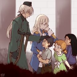 Rule 34 | 1boy, 4girls, blonde hair, coat, crutch, garrison cap, glasses, hanna rudel, hat, headpat, i crave dess, md5 mismatch, multiple girls, pantyhose, perrine h. clostermann, resized, resolution mismatch, scar, scar on face, source larger, source request, trench coat, world witches series, yellow eyes