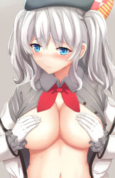 Rule 34 | 10s, 1girl, blue eyes, blush, breasts, covering nipples, covering privates, female focus, gloves, hat, highres, homewrecker, kantai collection, kashima (kancolle), large breasts, open clothes, open shirt, shirt, silver hair, solo, twintails