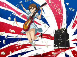 Rule 34 | 1girl, alternate hairstyle, amplifier, bad id, bad pixiv id, bespectacled, braid, brown eyes, brown hair, dress, electric guitar, gibson, gibson les paul, glasses, guitar, hirasawa yui, instrument, k-on!, k-on! movie, marshall, meiouseijin, one eye closed, singing! (k-on!), twin braids, twintails, union jack, united kingdom, wink