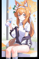 Rule 34 | 1girl, absurdres, animal ear fluff, animal ears, artist name, black border, blue archive, blue eyes, blue jacket, blue shorts, blush, border, bottle, breasts, closed mouth, commentary, crossed bangs, feet out of frame, flower, fox ears, fox girl, gym shorts, gym uniform, hair between eyes, hair flower, hair ornament, hair ribbon, hairband, halo, highres, holding, holding bottle, jacket, jacket partially removed, kneehighs, long hair, long sleeves, looking at viewer, mari (blue archive), mari (track) (blue archive), orange hair, outside border, ponytail, puffy long sleeves, puffy sleeves, ribbon, setakman, shirt, short shorts, short sleeves, shorts, sidelocks, sitting, sleeve cuffs, small breasts, smile, socks, solo, sparkle, sweat, track jacket, twitter username, water bottle, white hairband, white ribbon, white shirt, white socks, yellow halo