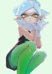 Rule 34 | 1girl, black dress, closed mouth, commentary request, dress, earrings, eyelashes, gloves, green background, green pantyhose, grey hair, gustave kun, highres, hoop earrings, inkling, invisible chair, jewelry, long pointy ears, looking at viewer, marie (splatoon), mole, mole under eye, nintendo, pantyhose, parted bangs, pointy ears, short hair, simple background, sitting, solo, splatoon (series), star-shaped pupils, star (symbol), strapless, strapless dress, symbol-shaped pupils, tentacle hair, thick eyebrows, white gloves, yellow eyes