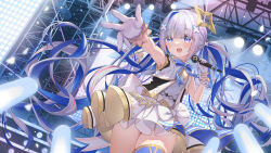 Rule 34 | 1girl, :d, absurdres, amane kanata, blue hair, blush, colored inner hair, dress, dutch angle, gloves, glowstick, grey hair, hair ornament, highres, holding, holding microphone, hololive, hololive idol uniform, juu p, long hair, microphone, multicolored hair, open mouth, purple eyes, single thighhigh, smile, solo, thighhighs, thighs, twintails, very long hair, virtual youtuber, zettai ryouiki