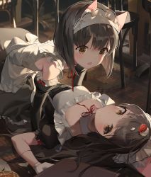Rule 34 | 2girls, absurdres, all fours, animal ear fluff, animal ears, apron, azur lane, bad id, bad twitter id, bare shoulders, black hair, black skirt, black sleeves, blouse, blurry, blurry background, blush, breasts, broken, broken plate, brown eyes, choyeon, collar, commentary request, depth of field, detached collar, detached sleeves, food, food on head, fox ears, frilled apron, frills, fruit, girl on top, gloves, hair between eyes, highres, indoors, juliet sleeves, long hair, long sleeves, lying, maid headdress, menu, multiple girls, mutsu (azur lane), nagato (azur lane), neck ribbon, object on head, on back, open mouth, plate, puffy sleeves, red ribbon, ribbon, shirt, short hair, skirt, sleeveless, sleeveless shirt, small breasts, strawberry, very long hair, waitress, white apron, white collar, white gloves, white shirt, wing collar