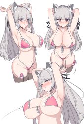 Rule 34 | 1girl, absurdres, animal ear fluff, armpits, arms behind head, bikini, black ribbon, breasts, brown thighhighs, closed mouth, collarbone, grey hair, gu luco, hair ribbon, highres, large breasts, long hair, looking at viewer, multiple views, original, pink bikini, pink eyes, ribbon, sex toy, simple background, swimsuit, thighhighs, twintails, vibrator, vibrator under clothes, white background