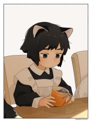 Rule 34 | 1girl, akai sashimi, animal, animal ears, apron, arm rest, black eyes, black hair, blunt ends, bob cut, border, cat ears, closed mouth, creature, cup, drink, eyebrows hidden by hair, frilled apron, frills, half-closed eyes, highres, holding, holding cup, holding drink, in container, in cup, indoors, light frown, long sleeves, looking at animal, looking down, maid, maid apron, mug, octopus, on chair, original, out of frame, puffy long sleeves, puffy sleeves, shade, short hair, signature, sitting, sleeve cuffs, solo focus, sunlight, table, thick eyebrows, undersized animal, unkempt, upper body, white apron, white border, wing collar, wooden table