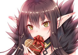 Rule 34 | &gt;:(, 1girl, black choker, blonde hair, blush, brown hair, candy, chocolate, chocolate heart, choker, closed mouth, collarbone, ear blush, eyelashes, fate/grand order, fate (series), food, fur trim, geko, heart, holding, holding food, long hair, looking at viewer, pointy ears, red ribbon, ribbon, semiramis (fate), simple background, solo, straight hair, upper body, v-shaped eyebrows, white background