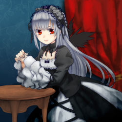 Rule 34 | 1girl, asababa kure, bad id, bad pixiv id, black wings, curtains, detached collar, dress, frills, gothic lolita, hairband, highres, lolita fashion, lolita hairband, red eyes, ribbon, rozen maiden, silver hair, solo, suigintou, table, wings