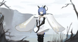 Rule 34 | 1girl, absurdres, azur lane, beach, bird, black collar, black thighhighs, blue hair, breasts, cliff, collar, cross, detached collar, dress, driftwood, floating, floating object, flock, gascogne (azur lane), halo, highres, leg armor, mechanical ears, medium breasts, multicolored hair, nero (nero nyam), own hands together, shore, solo, streaked hair, thighhighs, two-tone dress, two-tone hair, water, white dress, zettai ryouiki