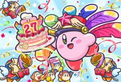 Rule 34 | ;d, anniversary, birthday cake, blue background, cake, channel ppp, confetti, cookie, copy ability, festival bird, festival kirby, food, kirby, kirby (series), nintendo, no humans, notepad, official art, one eye closed, open mouth, outline, party popper, plate, smile, streamers, waddle dee, white outline