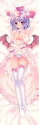Rule 34 | 1girl, absurdres, bat wings, bed, bed sheet, blush, breasts, clothes lift, clothes pull, dakimakura (medium), dress, dress lift, dress pull, elbow gloves, from above, full body, garter straps, gloves, hat, highres, legs, lifted by self, light purple hair, looking at viewer, lying, natsumiya yuzu, nipples, on back, on bed, panties, pink eyes, remilia scarlet, small breasts, solo, thighhighs, touhou, underwear, white panties, white thighhighs, wings