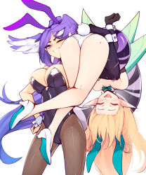 Rule 34 | 2girls, animal ears, ass, black leotard, blue eyes, bow, bowtie, breasts, brown pantyhose, carrying, closed eyes, detached collar, dragon girl, dragon tail, fairy wings, fake animal ears, green bow, green bowtie, head wings, high heels, highleg, highleg leotard, highres, large breasts, leotard, long hair, mole, mole on ass, multiple girls, nail polish, nijisanji, nijisanji en, one eye closed, open mouth, pantyhose, playboy bunny, pointy ears, pomu rainpuff, purple hair, rabbit ears, rabbit tail, ricegnat, selen tatsuki, simple background, smile, tail, virtual youtuber, white background, white footwear, wings, wrist cuffs