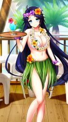 Rule 34 | 1girl, bare arms, bare legs, bikini, blue hair, breasts, cleavage, closed mouth, collarbone, day, doukyuusei another world, floating hair, flower, game cg, green eyes, hair flower, hair ornament, hibiscus, holding, holding plate, koiwai akari, large breasts, long hair, looking at viewer, navel, outdoors, palm tree, plate, purple flower, red flower, sideboob, smile, solo, standing, sunlight, swimsuit, tree, very long hair, white bikini, yellow flower