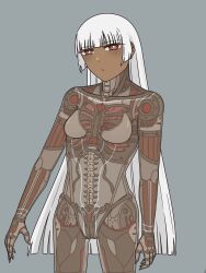 1girl absurdres altera_(fate) android artificial_vagina biomechanical blunt_bangs breasts bright_pupils commentary cowboy_shot dark-skinned_female dark_skin english_commentary expressionless fate/grand_order fate_(series) grey_background heart_(organ) highres joints kaguracanvas long_hair looking_at_viewer lungs mechanical_parts mechanical_pussy mechanical_spine navel red_eyes ribs robot_girl robot_joints robot_skeleton see-through_body sex_toy small_breasts solo variant_set white_hair white_pupils