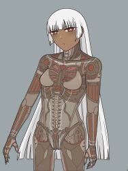 1girl absurdres altera_(fate) android artificial_vagina biomechanical blunt_bangs breasts bright_pupils commentary cowboy_shot dark-skinned_female dark_skin english_commentary expressionless fate/grand_order fate_(series) grey_background heart_(organ) highres joints kaguracanvas long_hair looking_at_viewer lungs mechabare mechanical_pussy mechanical_spine navel red_eyes ribs robot_girl robot_joints robot_skeleton see-through_body sex_toy small_breasts solo variant_set white_hair white_pupils