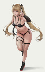 Rule 34 | 1girl, black bra, black choker, black footwear, black nails, black necktie, black panties, black ribbon, blonde hair, blue eyes, bra, breasts, choker, commentary request, dead or alive, dead or alive 5, detached sleeves, fishnet thighhighs, fishnets, full body, hair ornament, hair ribbon, high heels, highres, jeneral, long hair, looking at viewer, marie rose, nail polish, necktie, panties, pearl thong, ribbon, shoes, side-tie panties, simple background, small breasts, solo, standing, standing on one leg, thigh strap, thighhighs, twintails, underwear, underwear only, w, white background, x hair ornament