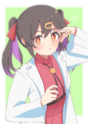 Rule 34 | 1girl, black hair, bolo tie, brown eyes, commentary, green background, hair between eyes, hair ornament, hairclip, hand up, highres, lab coat, long sleeves, looking at viewer, multicolored hair, onii-chan wa oshimai!, oyama mihari, purple hair, rarachan sr, red shirt, shading eyes, shirt, simple background, solo, twintails, two-tone hair, upper body, wing collar