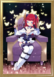 Rule 34 | 00s, 1girl, bad id, bad pixiv id, blue eyes, boots, bored, breasts, bug, butterfly, cleavage, couch, framed, full body, garter belt, garter straps, bug, light particles, long hair, portrait, red hair, sitting, solo, staff, tensugi takashi, thigh boots, thighhighs, umineko no naku koro ni, ushiromiya ange