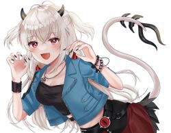 Rule 34 | 1girl, bracelet, commission, crop top, cropped jacket, demon girl, demon horns, demon tail, fang, highres, horns, indie virtual youtuber, iyuko (iyko 0), jewelry, long hair, lucy pyre, midriff, nail polish, necklace, open mouth, red eyes, skeb commission, skirt, tail, virtual youtuber, white hair