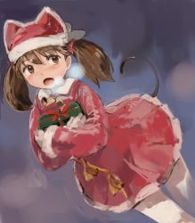 Rule 34 | 10s, 1girl, alternate costume, bell, box, brown hair, cat tail, gift, gift box, hat, kantai collection, open mouth, rhodomina, ryuujou (kancolle), santa costume, short hair, solo, tail, twintails, white legwear
