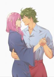 Rule 34 | 2boys, apron, blue kimono, blue shirt, caffeblanca, cherry blossom (sk8), eye contact, glasses, green hair, hair between eyes, highres, holding hands, hug, japanese clothes, joe (sk8), kimono, long hair, looking at another, multiple boys, pink hair, shirt, simple background, sk8 the infinity, standing, toned, toned male, white background, wide sleeves, yaoi