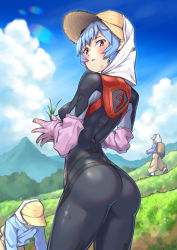 Rule 34 | 1girl, 2others, ass, ayanami rei, black bodysuit, blue hair, blue sky, blush, bodysuit, cloud, covered erect nipples, cowboy shot, day, elbow gloves, evangelion: 3.0+1.0 thrice upon a time, farm, gloves, hat, highres, looking at viewer, looking back, mountainous horizon, multiple others, neon genesis evangelion, outdoors, plugsuit, rebuild of evangelion, red eyes, rice planting, short hair, skin tight, sky, solo focus, standing, straw hat, sweat
