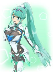 Rule 34 | 1girl, armor, artist request, breasts, female focus, fusion, green eyes, green hair, highres, large breasts, long hair, matching hair/eyes, nintendo, open mouth, pneuma (xenoblade), ponytail, smile, solo, umijiji, xenoblade chronicles (series), xenoblade chronicles 2