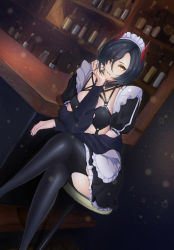Rule 34 | 1girl, alcohol, apron, azur lane, bad id, bad pixiv id, bar (place), black bra, black collar, black dress, black hair, black thighhighs, bra, breast strap, breasts, collar, crossed legs, detached collar, dress, highres, horns, indoors, maid, maid headdress, mechanical horns, medium breasts, medium hair, o-ring, o-ring top, official alternate costume, puffy sleeves, red horns, shonin, sitting, solo, thighhighs, ulrich von hutten (azur lane), ulrich von hutten (mayhem maid) (azur lane), underwear, white apron, yellow eyes