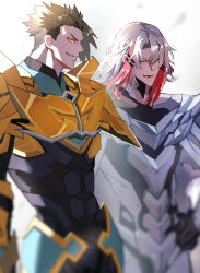 Rule 34 | 2boys, absurdres, achilles (fate), armor, arms at sides, blurry, clenched teeth, depth of field, fate/grand order, fate (series), gold armor, green hair, grey armor, grey background, grey hair, grin, hair between eyes, hand on own hip, haruakira, highres, looking to the side, lower teeth only, male focus, multicolored hair, multiple boys, odysseus (fate), short hair, smile, streaked hair, teeth, undercut, yellow eyes