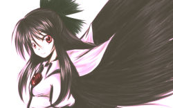 Rule 34 | 1girl, black hair, bow, cape, female focus, hair bow, inu wi, long hair, pale color, red eyes, reiuji utsuho, solo, touhou, white background, wings