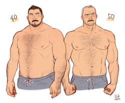 Rule 34 | 1boy, aaron gruber (o natsuo88), age progression, arm hair, bara, beard stubble, black hair, chest hair, cropped legs, facial hair, facial scar, fat, fat man, grey hair, highres, male focus, mature male, multiple views, mustache, navel hair, nipples, o natsuo88, old, old man, original, receding hairline, scar, scar on cheek, scar on face, shirt, short hair, simple background, stubble, thick eyebrows, thick mustache, topless male, white background, wrinkled skin